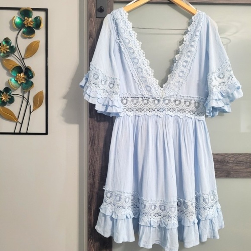 Saints + Secrets powder blue crochet lace midi knew length dress